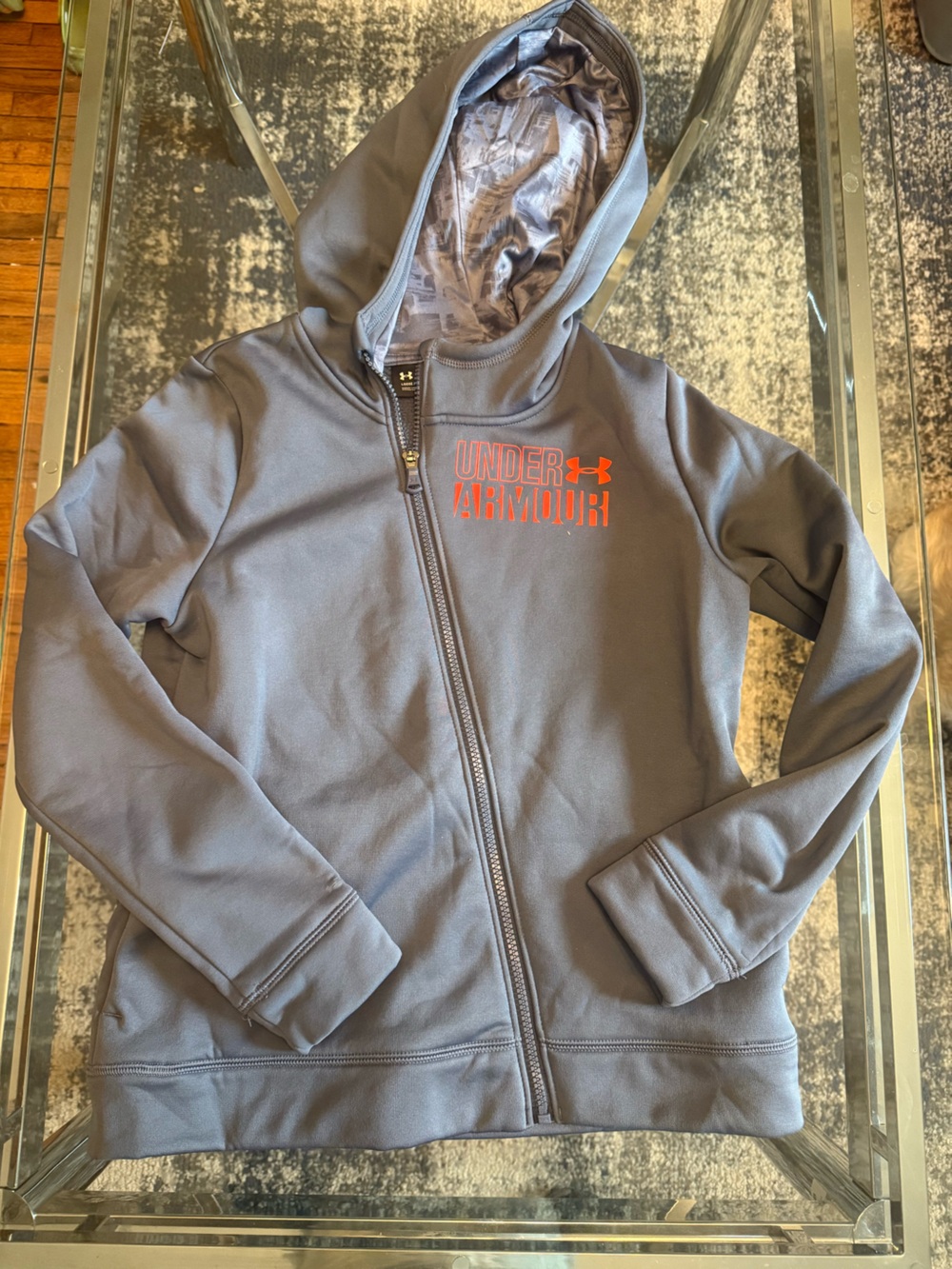 Youth Large Under Armour Gray Hoodie with Bright Orange Logo